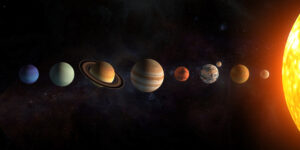 Solar system planets set. The Sun and planets in a row on universe stars background.Elements of this image furnished by NASA. 3d illustration